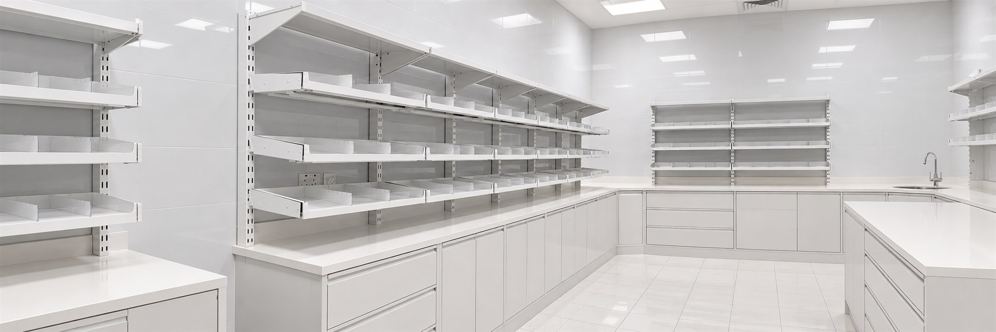 White pharmacy dispensing trays with clear dividers above fitted drawers and a continuous worktop