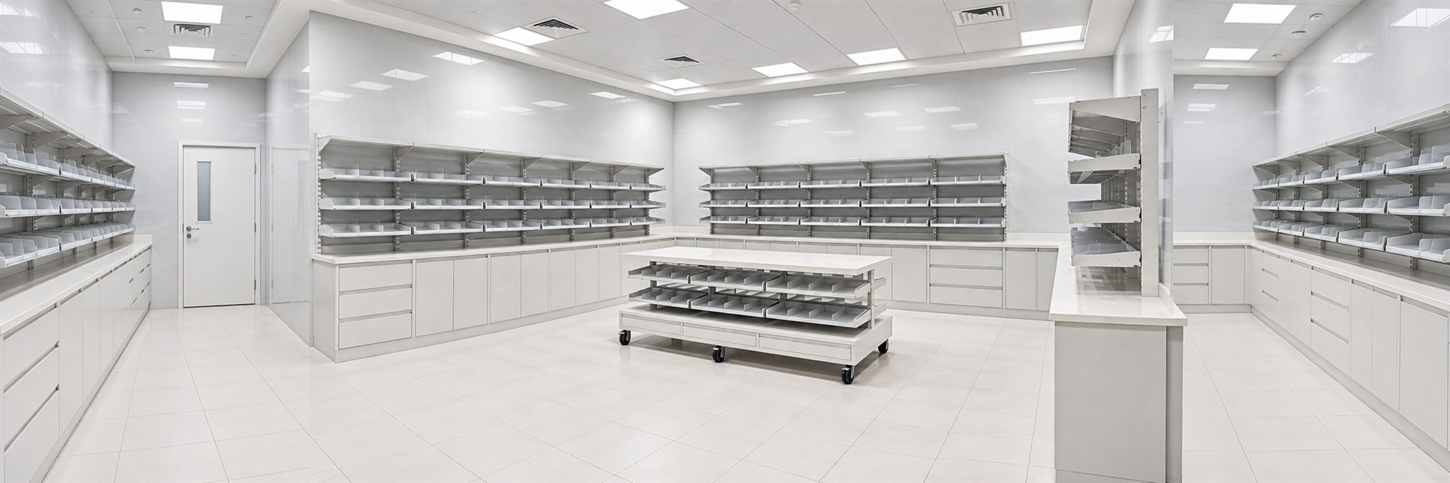 Pharmacy room with white perimeter storage and a central mobile island with compartment trays