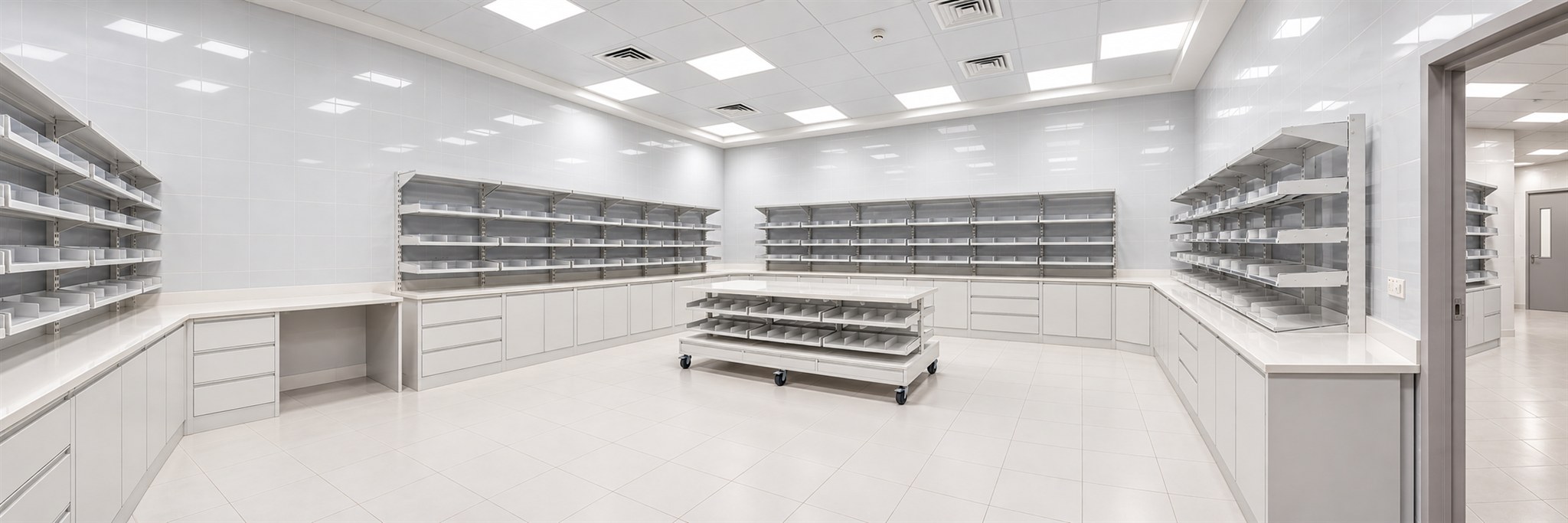 Complete white pharmacy storage layout with wall-mounted dispensing shelves, base cabinetry, and central island