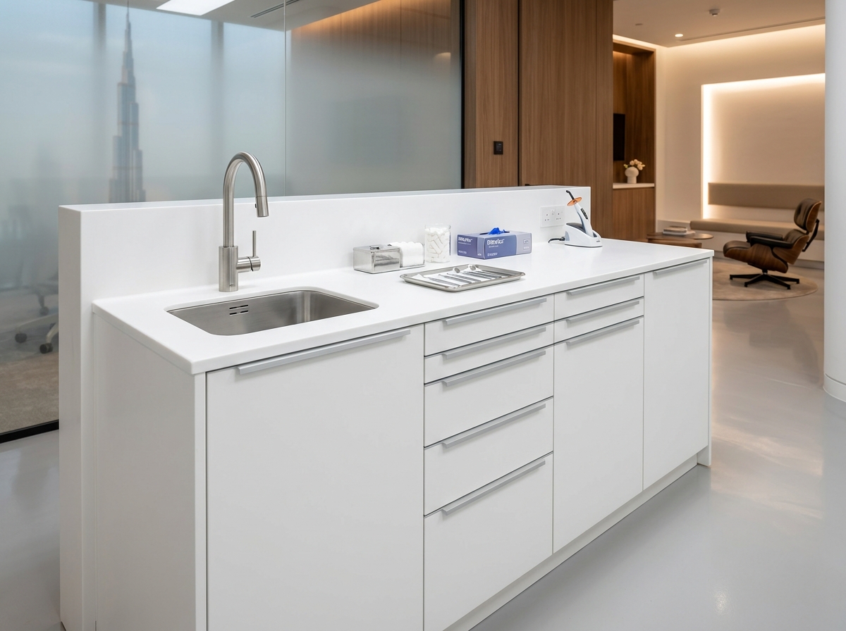 Wellcare custom dental operatory cabinet with seamless Corian countertop