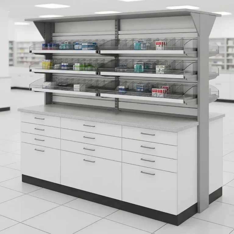 Pull-Out Pharmacy Storage Solution with Korean countertop finish, base drawers, and transparent dividers
